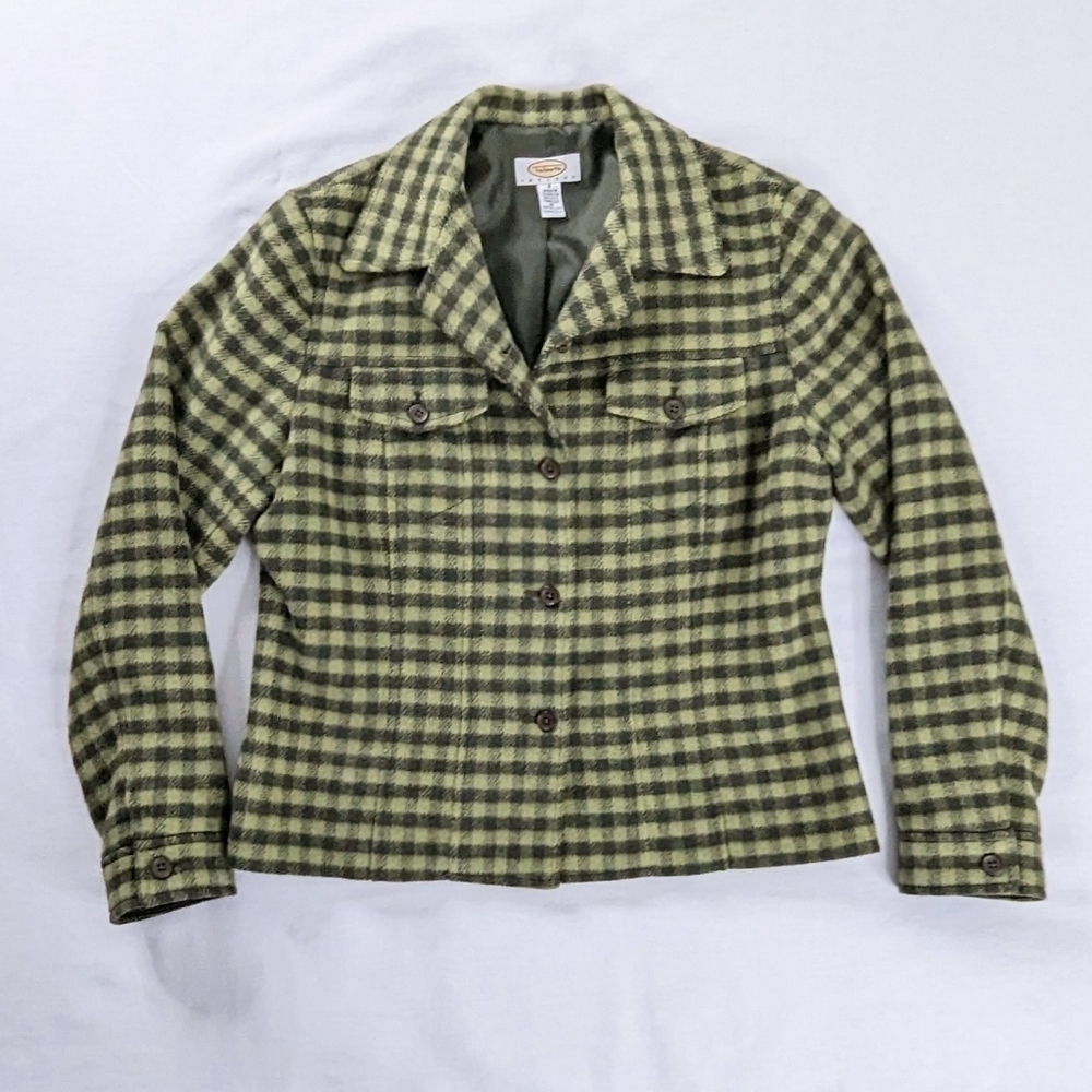 VTG Talbots Two Tone Green Check Plaid Wool Button Up Jacket Academia Revival